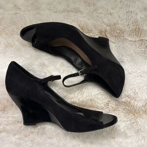W’s size 9 Franco Sarto suede/patent black wedge.  Never worn!